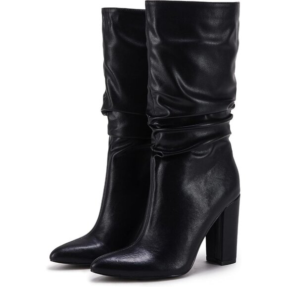 Women's Black Suede Mid Calf High Slouchy Chunky Heel Block Pointed Toe Boots - Picture 5 of 5